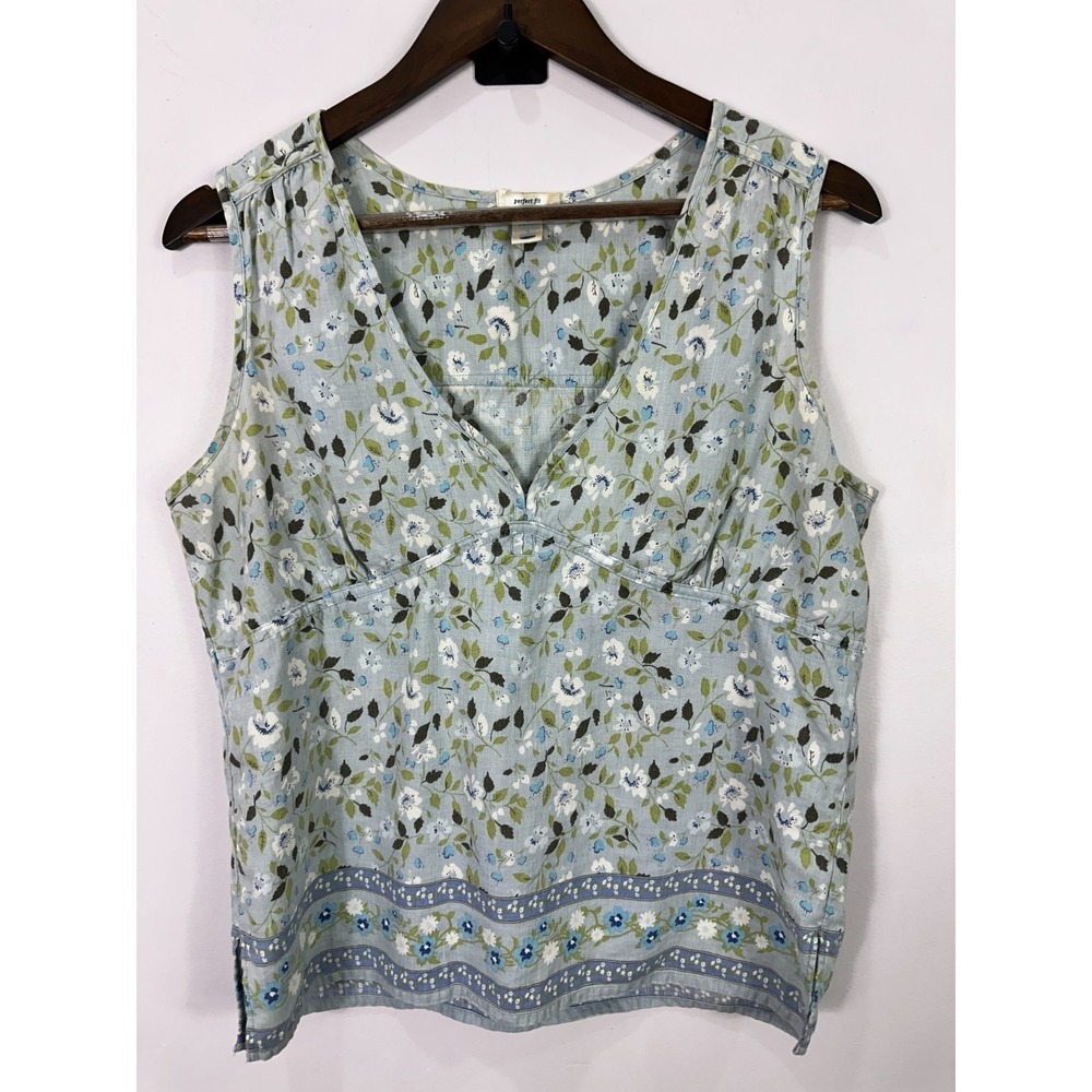 Vtg Y2K Old Navy Sleeveless Floral Babydoll Top Blue Linen Blend Size Large Boho